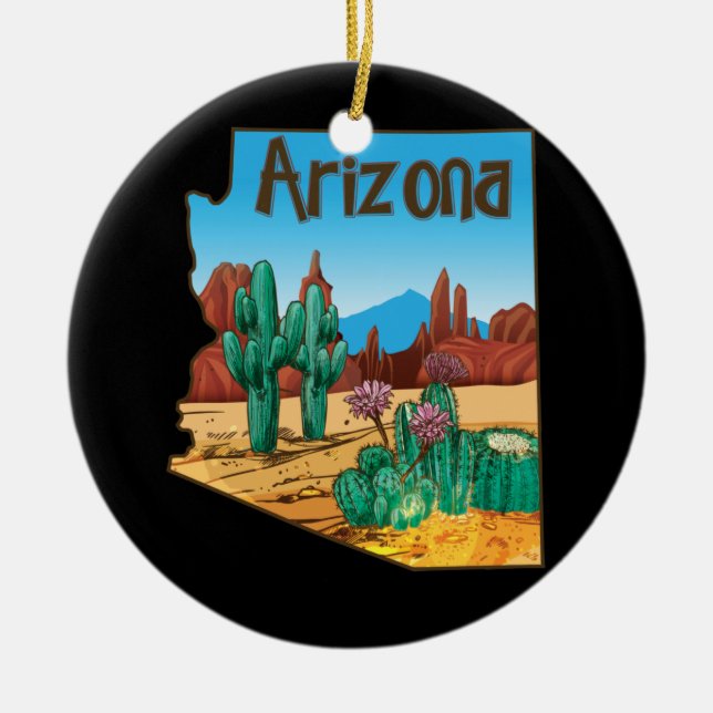 Love State Of Arizona Map Blooming Cactus Flowers Ceramic Tree Decoration (Front)