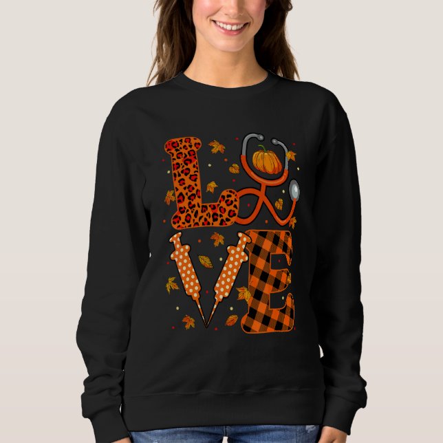 Love Stethoscope Fall Autumn Pumpkin Leopard Plaid Sweatshirt (Front)