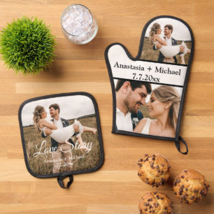 love story, 2 photos minimalist modern anniversary oven mitt & pot holder set
