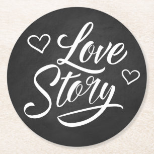 Love Story Chalkboard Bridal Black Wedding Round Paper Coaster