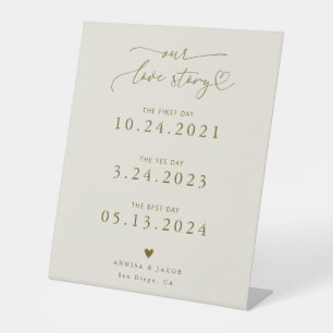 Love Story Heart Script Beige Wedding Timeline Pedestal Sign