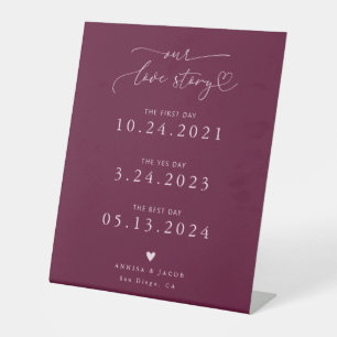Love Story Heart Script Cranberry Wedding Timeline Pedestal Sign