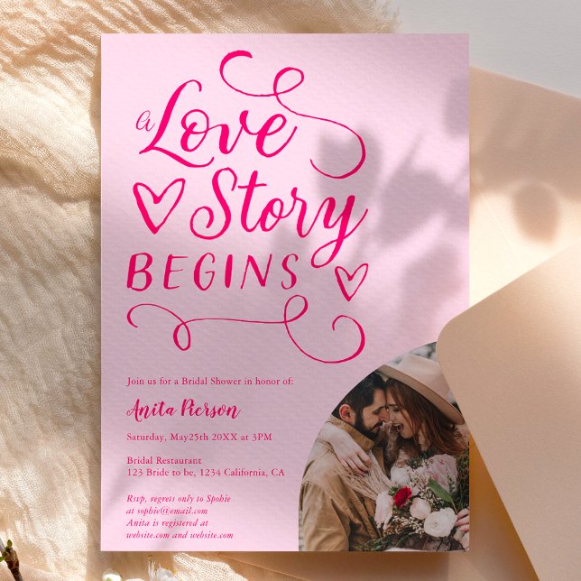 Love story retro hot pink photo bridal shower invitation (Creator Uploaded)