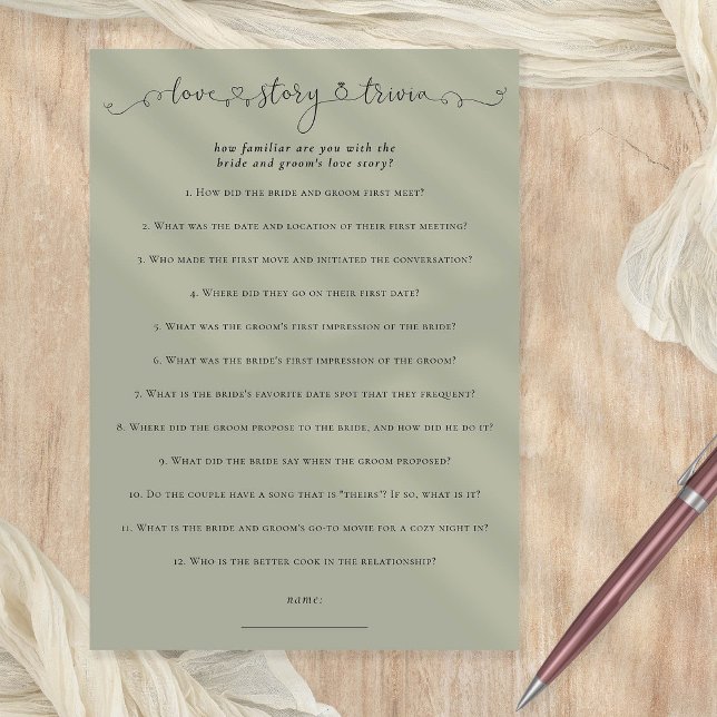 Love Story Trivia Bridal Shower Sage Game Card (Printable Bridal Shower Game)