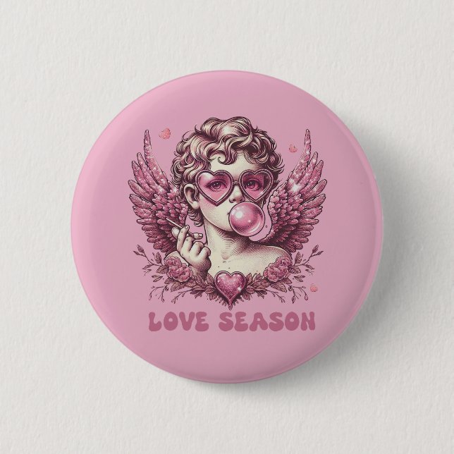 Love-Struck Cupid with Pink Glasses and Bubble Gum 6 Cm Round Badge (Front)