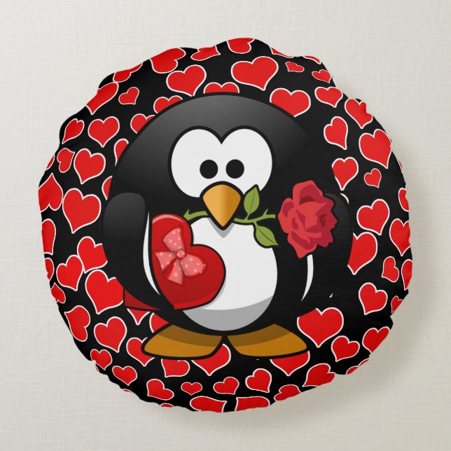 Love Struck Penguin Valentine Round Cushion (Back)