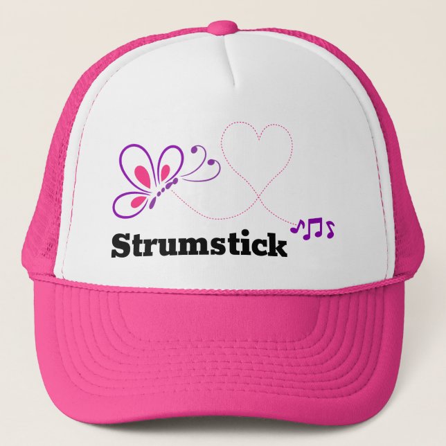 Love Strumstick Pink Purple Butterfly Heart Trucker Hat (Front)