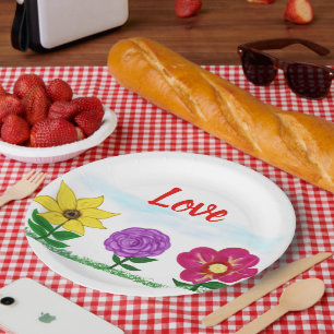 Love Summer Flowers Yellow Purple Pink Florals Paper Plate