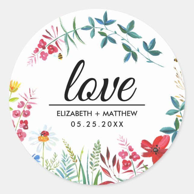 Love. Summer Wildflowers Wedding Stickers (Front)