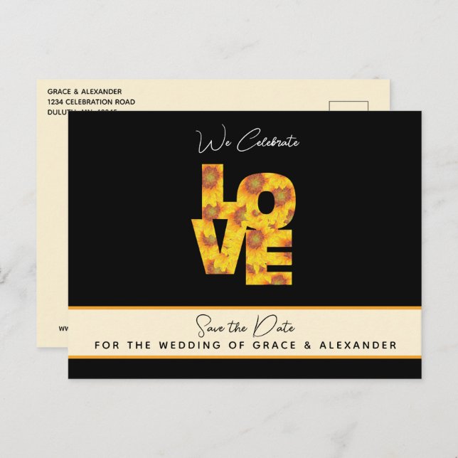 LOVE Sunflower Black Backdrop Wedding Save Date Postcard (Front/Back)