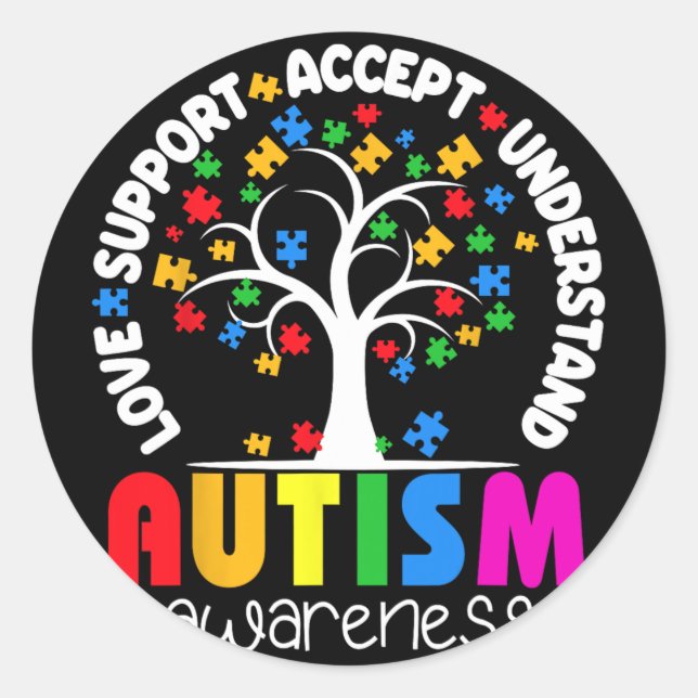 Love Support Accept Understand Puzzle Tree Autism  Classic Round Sticker (Front)