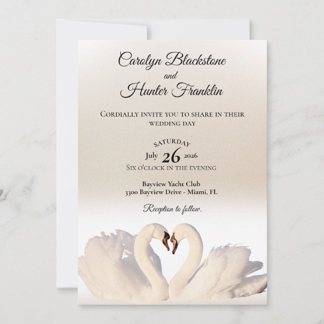 Love Swans on White & Cream Wedding  Invitation (Front)