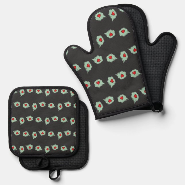 Love talk pattern on grey oven mitt & pot holder set (Front/Back)