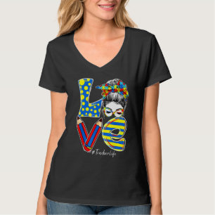 Love Teacher Life Autism Awareness Messy Bun Puzzl T-Shirt