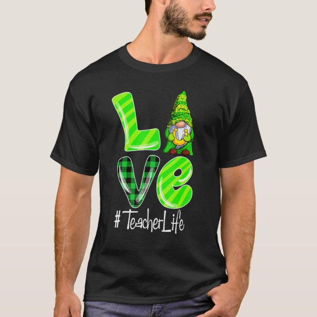 LOVE Teacher Life Gnome Leopard Shamrock St Patric T-Shirt (Front)