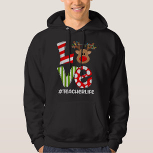 Love Teacher Life Reindeer Santa Hat Teacher Chris Hoodie