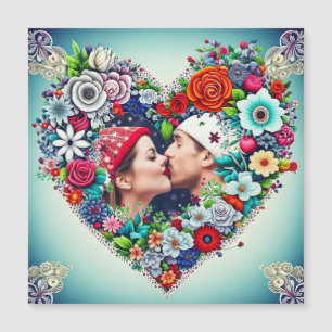 Love   Teal and Red Floral Heart with Couple's Pic