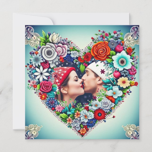 Love | Teal and Red Floral Heart with Couple's Pic (Front)
