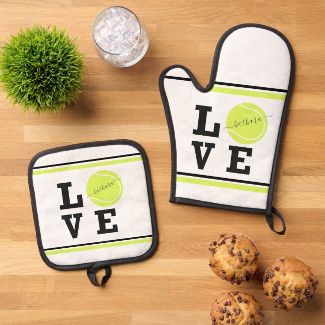 Love Tennis Ball Personalised Name Oven Mitt & Pot Holder Set (Top Down)
