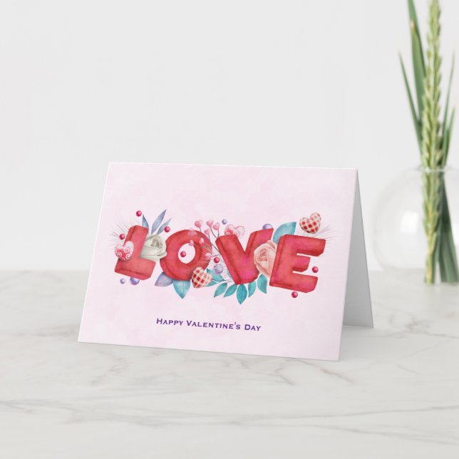 Love Text Bold Block Font with Flowers Valentine's Card (Front)