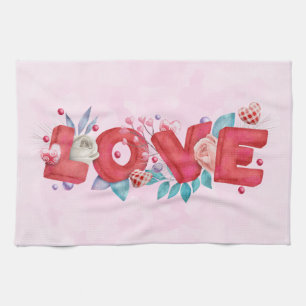 Love Text Bold Block FontWatercolor Tea Towel