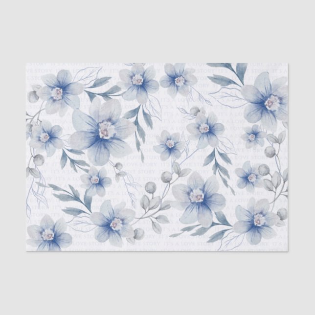 Love Text Dusty Blue Watercolor Flower Tissue Paper (Front)
