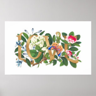 Love Text Gold Foil Vintage Floral Botanical White Poster