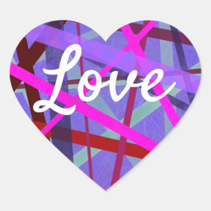 Love Text Heart Shape Pink & Purple Lines Pattern Sticker