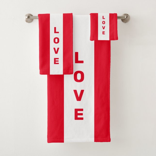 Love text on red and white striped bath towel set (Insitu)
