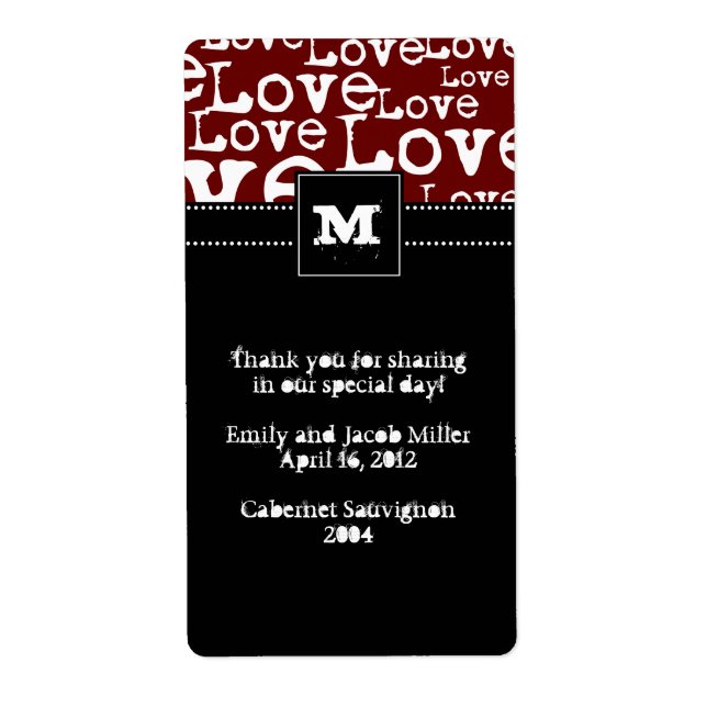 Love Text Personalised Wine Labels in Merlot (Front)