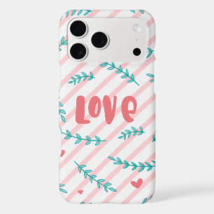 LOVE Text Pink Stripes Botanical Leaves