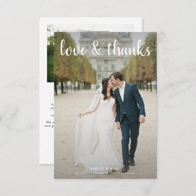 LOVE & THANKS | 2 Photo Black & White Wedding Than Thank You Card (Front/Back)