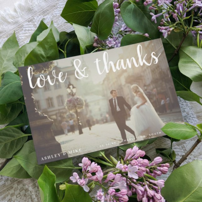 Love & Thanks 2 Photo Wedding Thank You Card (Grateful for the love and joy you shared on our special day. )