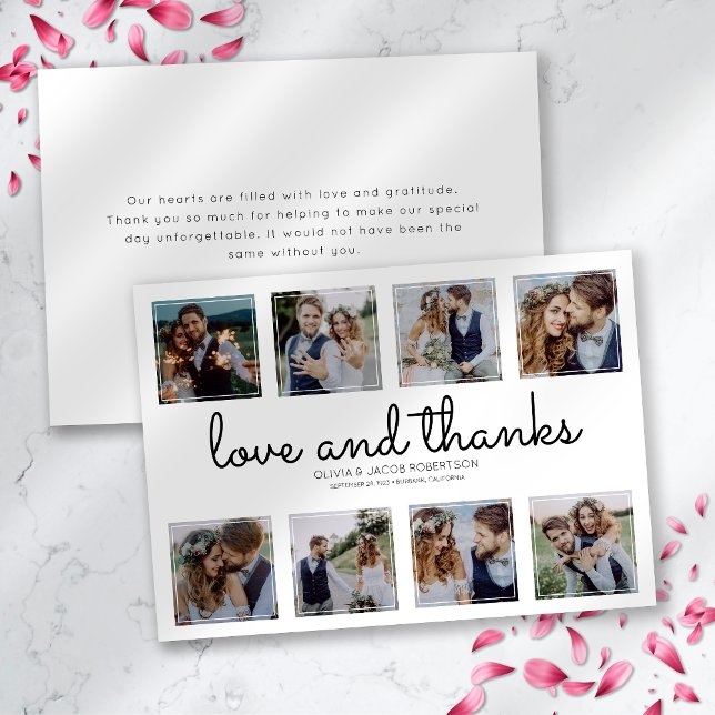 Love & Thanks 8 Square Photo Collage Wedding Thank You Card (Creator Uploaded)