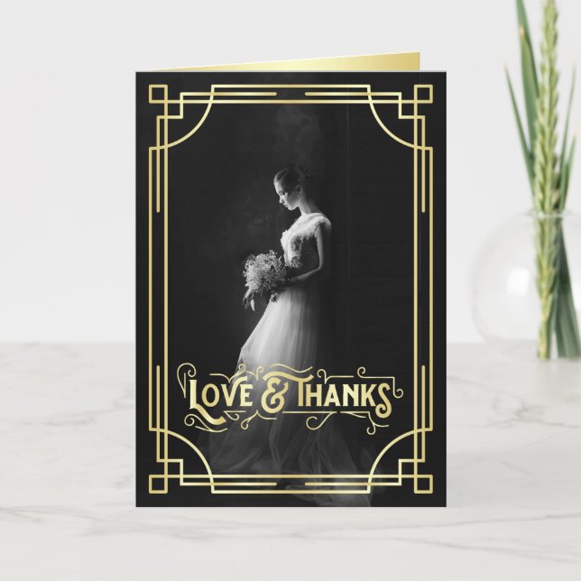Love & Thanks Art Deco Gold Black Photo Thank You Card (Front)