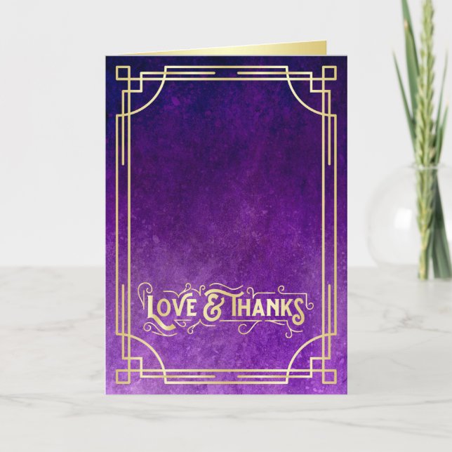 Love & Thanks Art Deco Gold Purple Add Your Photo Thank You Card (Front)