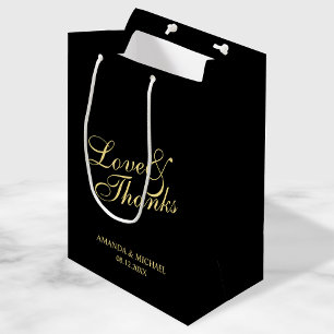 'Love & Thanks' Black & Gold Elegant Wedding Favou Medium Gift Bag