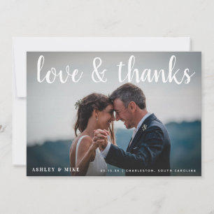 LOVE & THANKS Black & White 3 Photo Wedding Thank You Card