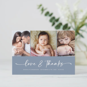 Love & Thanks Blue Modern Three Photo New Baby Thank You Card