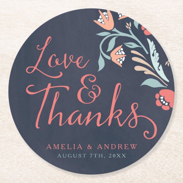 Love & Thanks Bluish Chalkboard Floral Wedding Round Paper Coaster (Front)