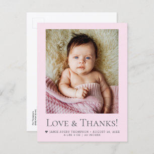 Love & Thanks Blush Pink Baby Photo announcement Postcard