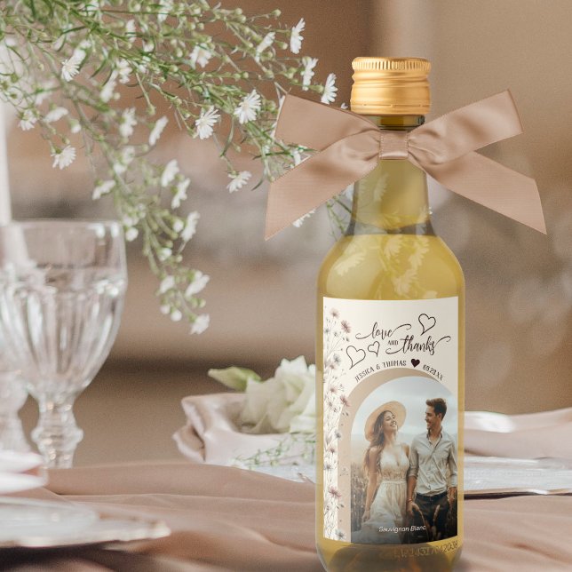 Love & Thanks Boho Wildflowers Wedding Photo Mini Wine Label (Creator Uploaded)