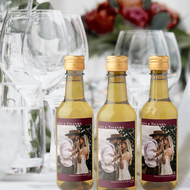 Love & Thanks Burgundy Simple Wedding Photo Mini Wine Label (Creator Uploaded)