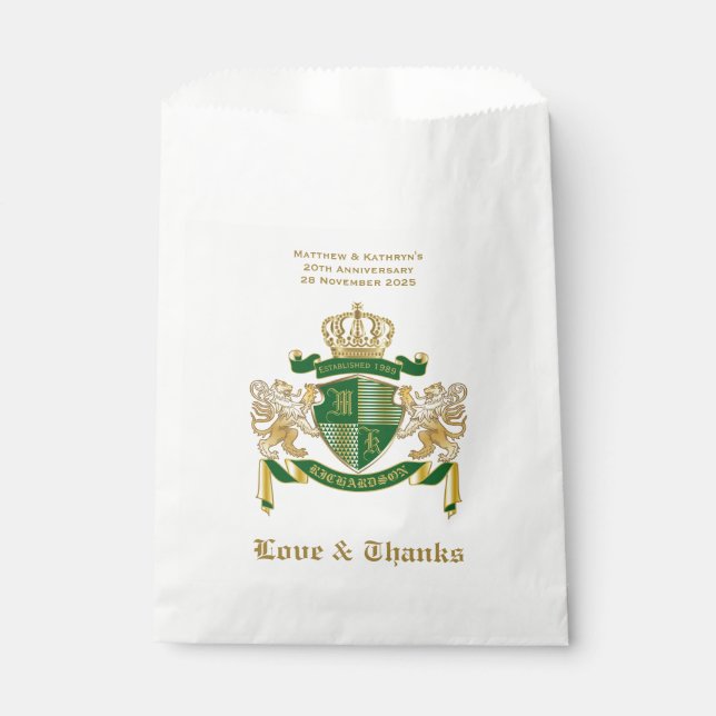 Love & Thanks Coat of Arms Green Gold Lion Emblem Favour Bags (Front)