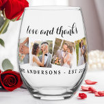 Love & Thanks Custom Photo Collage Modern Wedding  Stemless Wine Glass<br><div class="desc">Add the finishing touch to your wedding with these custom 4 photo wedding wine glasses. Perfect as wedding favours to all your guests . Customise these wedding favours with your with your favourite photos, name and date. See our wedding collection for matching wedding favours, newlywed gifts, and just married keepsakes....</div>