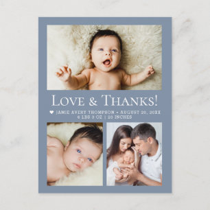 Love & Thanks Dusty blue Baby Photo Collage birth Postcard
