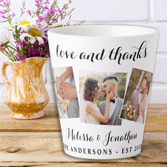 Love & Thanks Elegant 3 Photo Bride Groom Wedding Latte Mug (Creator Uploaded)