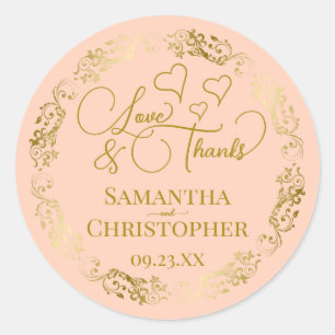 Love & Thanks Elegant Blush Peach & Gold Wedding Classic Round Sticker