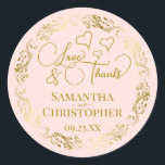 Love & Thanks Elegant Blush Pink & Gold Wedding Classic Round Sticker<br><div class="desc">These beautiful blush pink stickers are designed to use as wedding favour tags, or as envelope seals for your wedding thank you cards. The elegant design features an ornate lacy golden border with fancy script lettering reading "Love & Thanks!" There are romantic hearts scattered about with room for the names...</div>