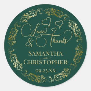 Love & Thanks Elegant Emerald Green & Gold Wedding Classic Round Sticker